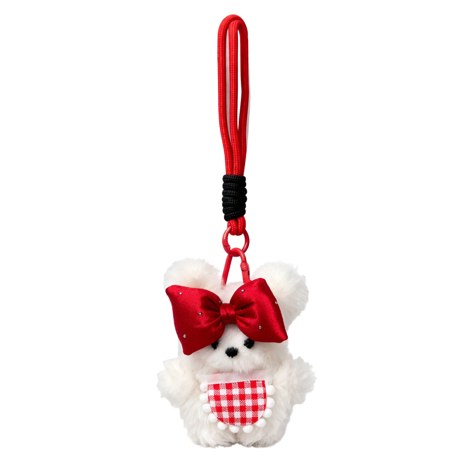 White Teddy Plush Bag Charm with Bow & Checkered Apron
