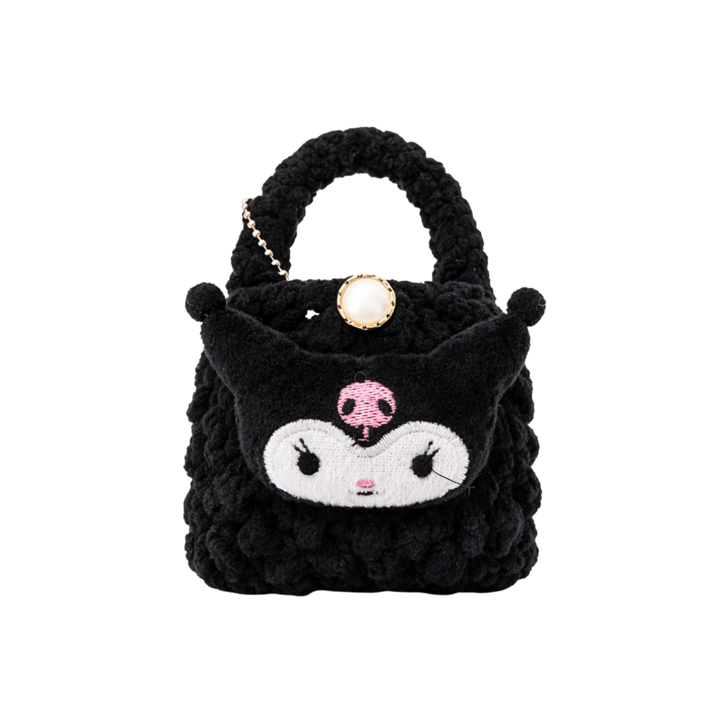 Black Cat Plush Pouch Bag Charm with Crochet Handle