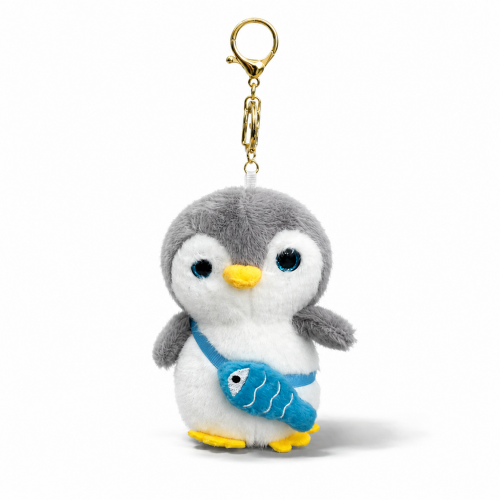 Grey Penguin Plush Bag Charm with Blue Fish Pouch