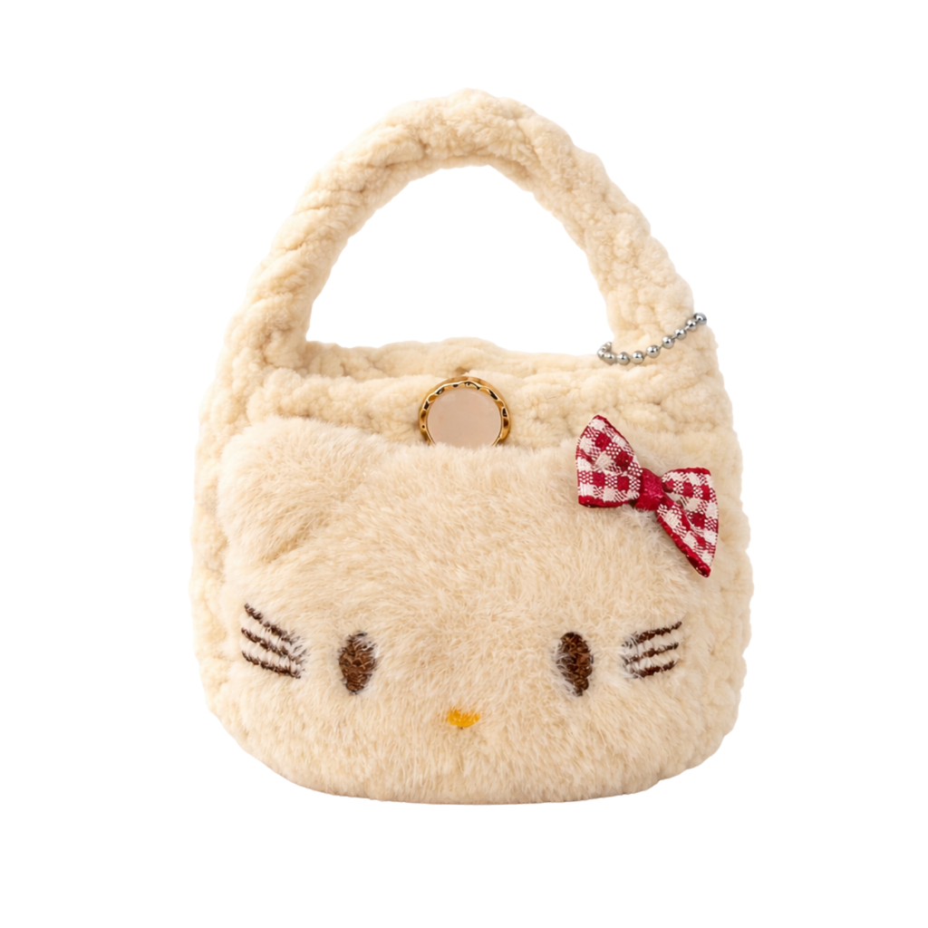 Beige Cat Plush Pouch Bag Charm with Crochet Handle