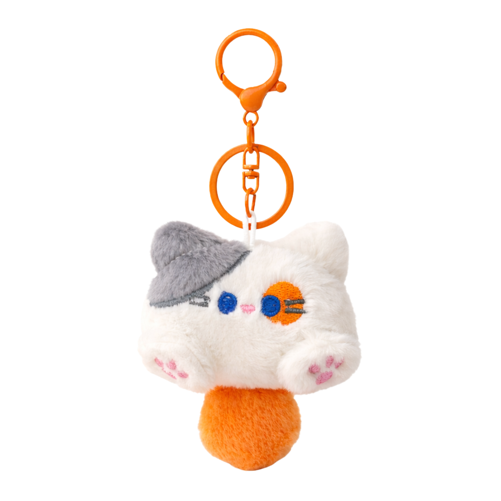 White Cat Plush Bag Charm with Grey Beret & Orange Patch