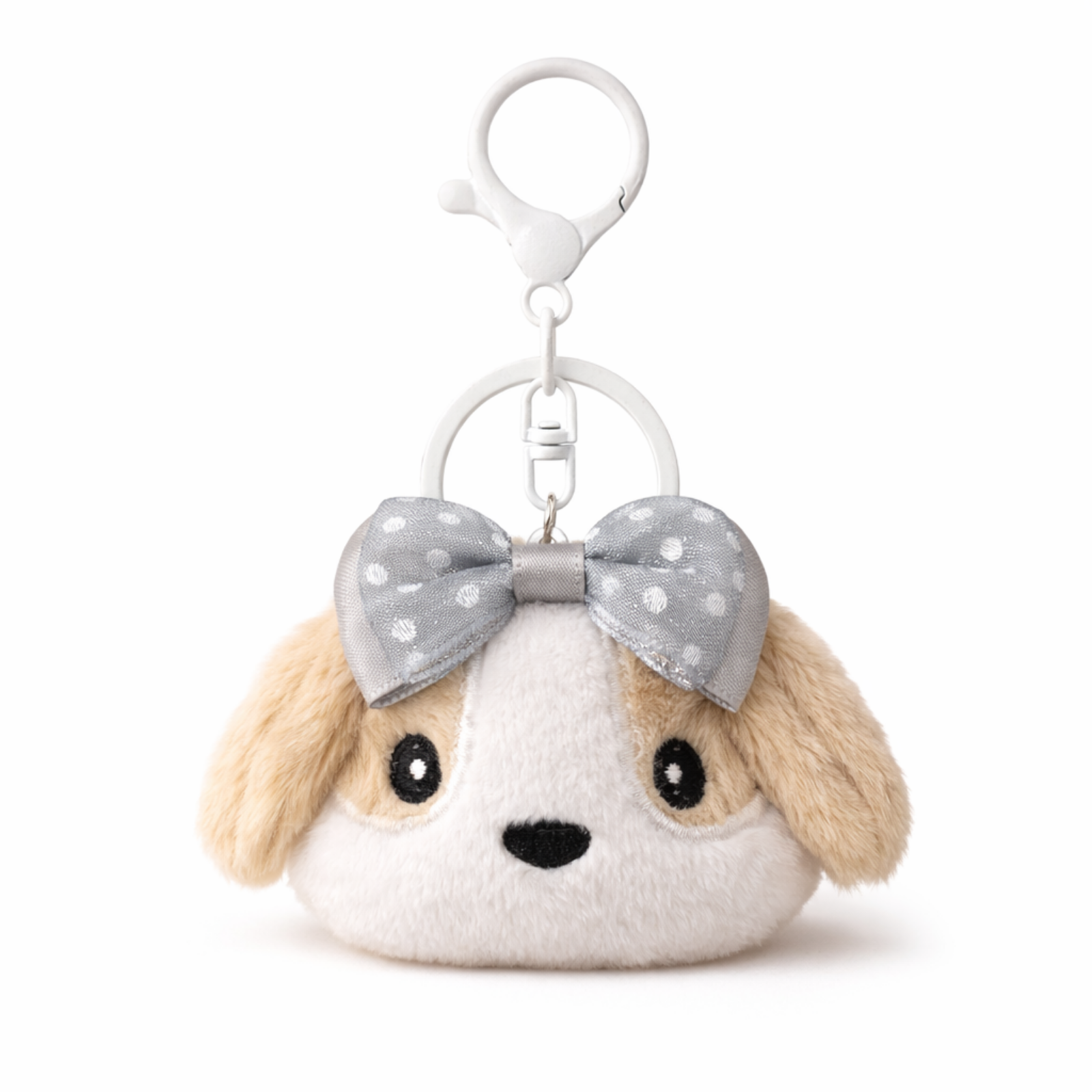 Beige White Puppy Plush Bag Charm with Polka Dot Bow