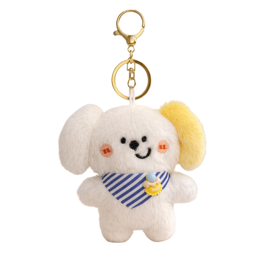 White Dog Plush Bag Charm with Yellow Ear & Bandana