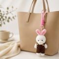 White Bunny Plush Keychain with Brown Overalls