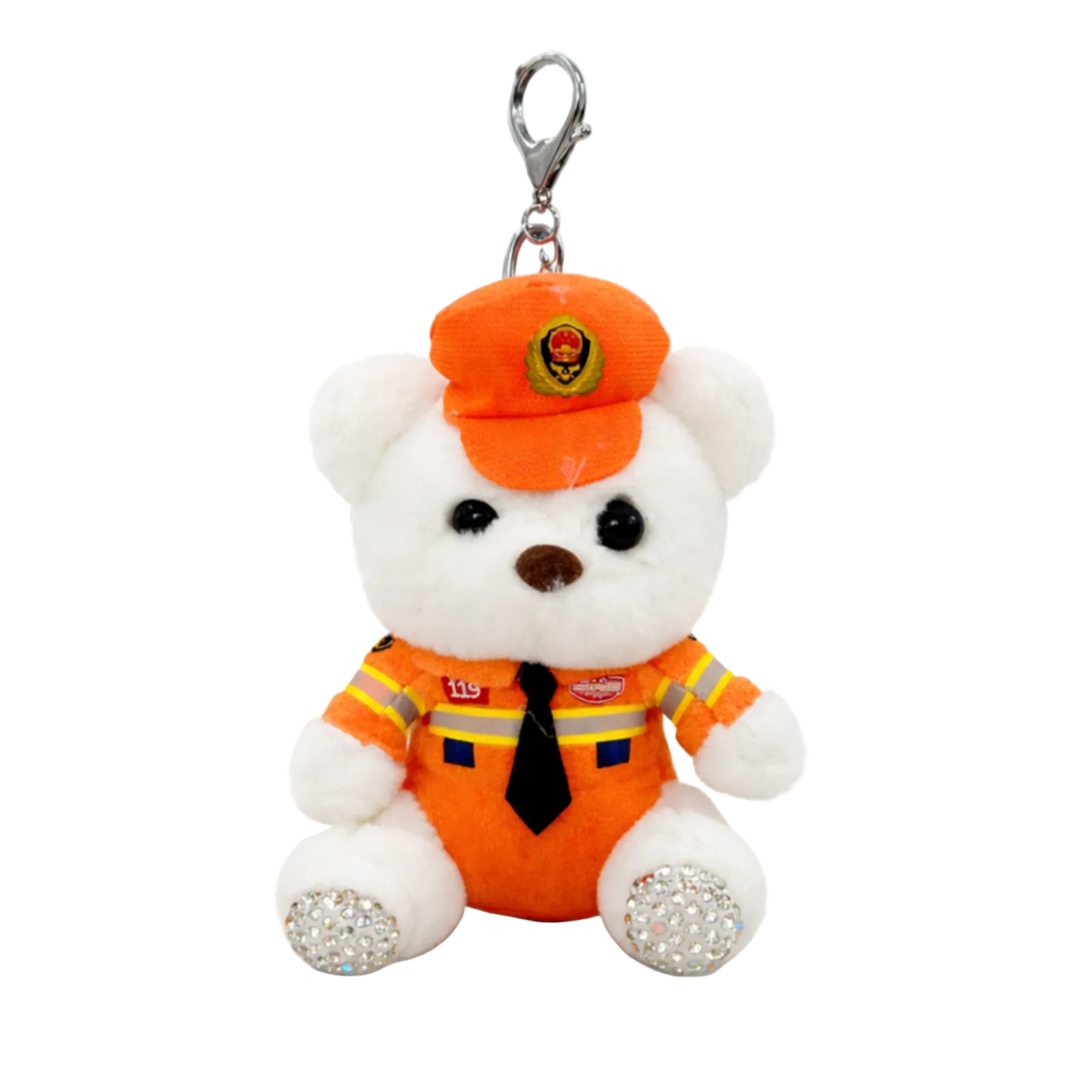 White teddy bear keychain wearing an orange uniform with a badge on a white background