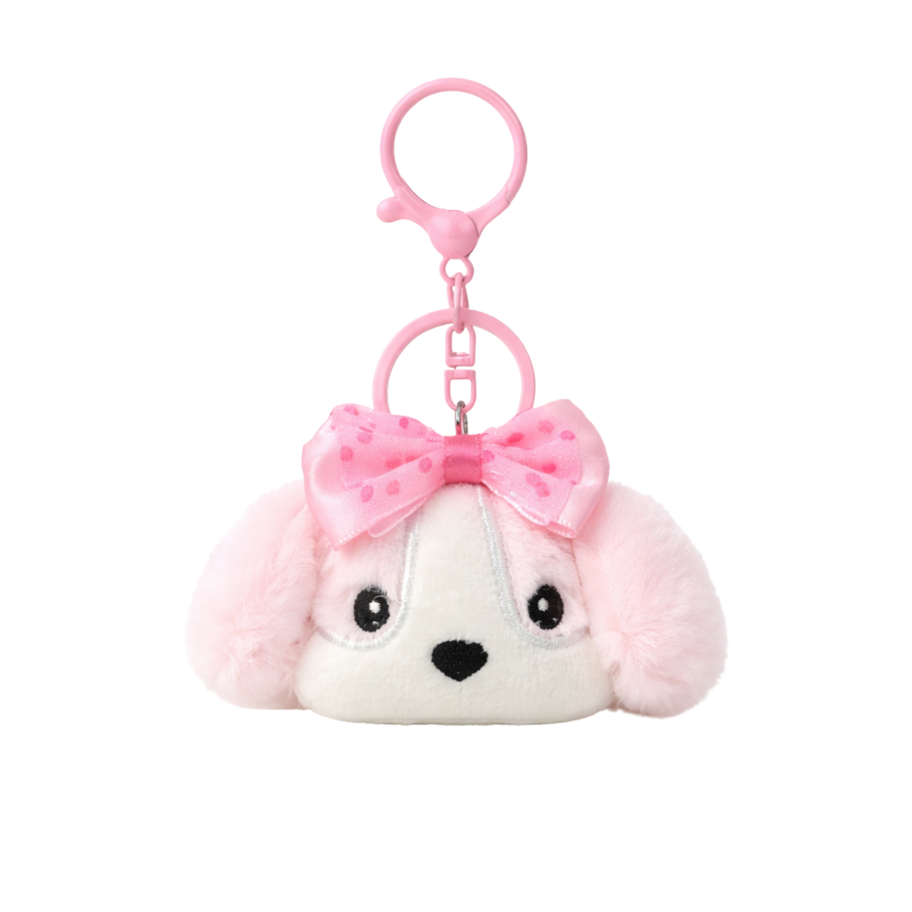 Pink White Puppy Plush Bag Charm with Polka Dot Bow