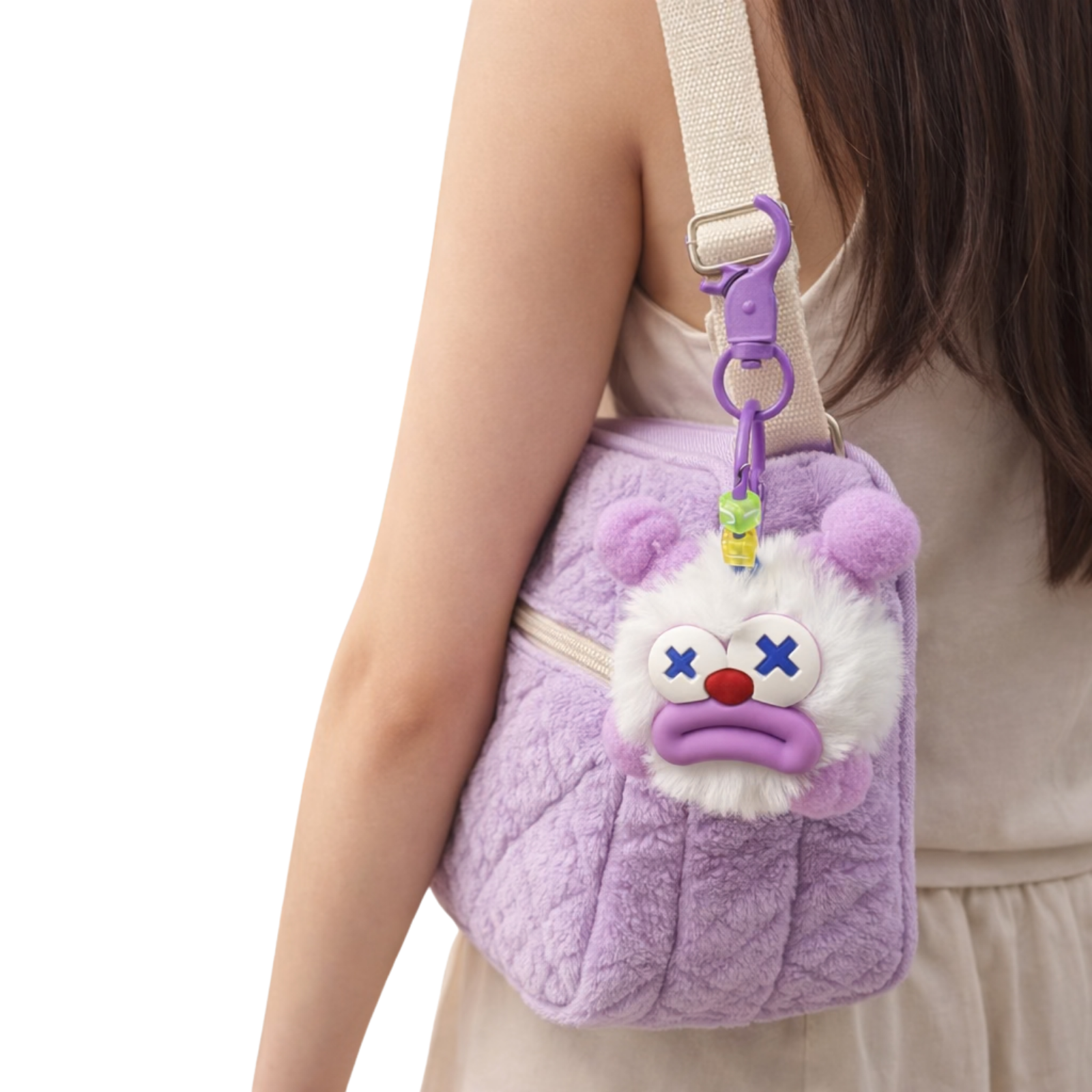 Purple & White Plush Monster Keychain with X Eyes & Red Nose