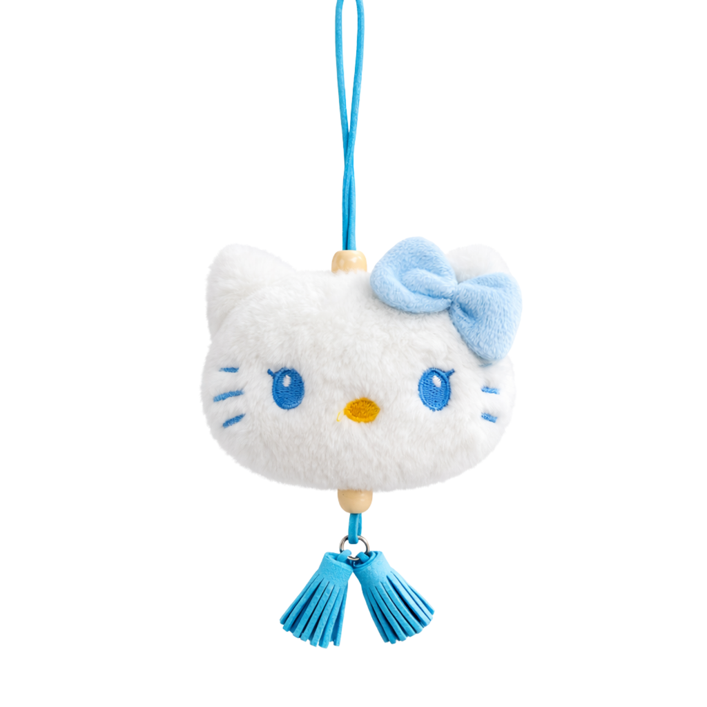 White Kitty Plush Bag Charm with Blue Bow & Tassels