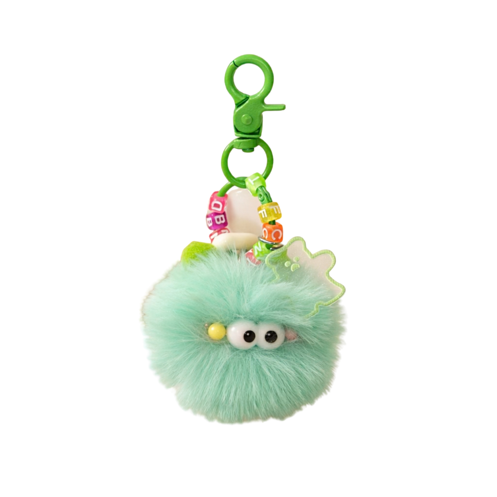 Mint Green Fluffy Pom Pom Keychain with Googly Eyes & Beaded Charm