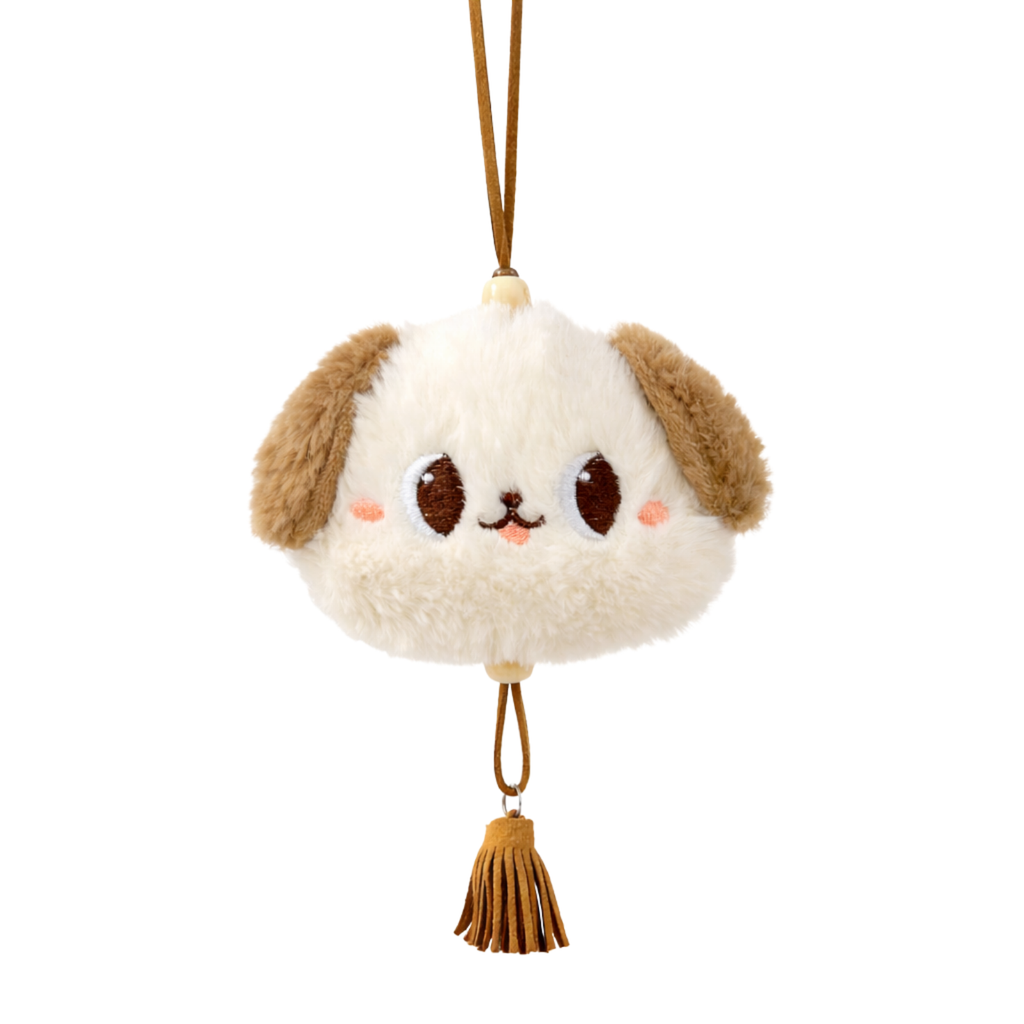 White Puppy Plush Bag Charm with Brown Strap & Tassels