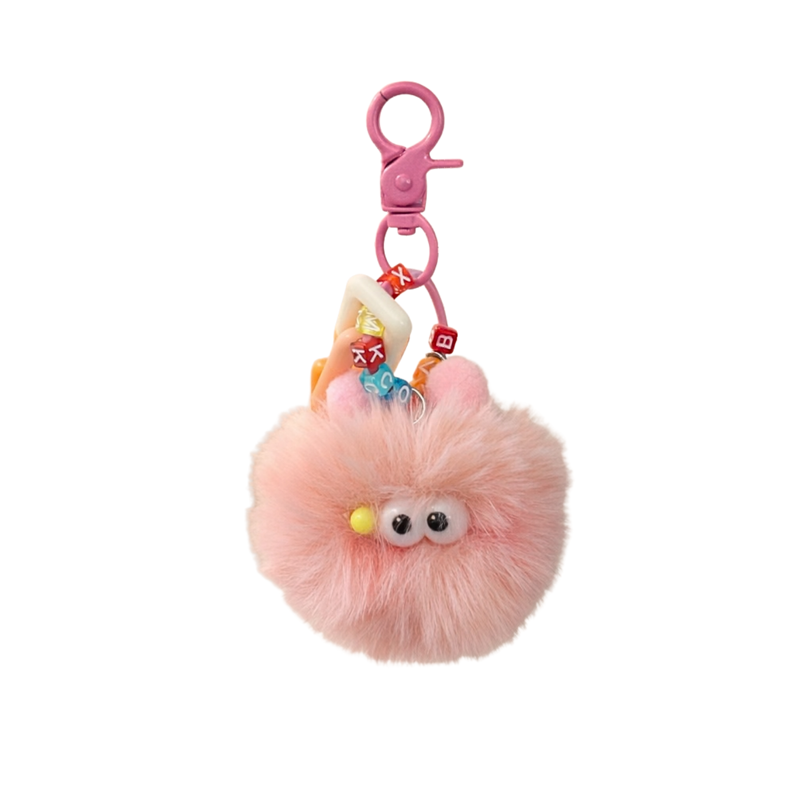 Pink Fluffy Plush Pom Pom Keychain with Googly Eyes