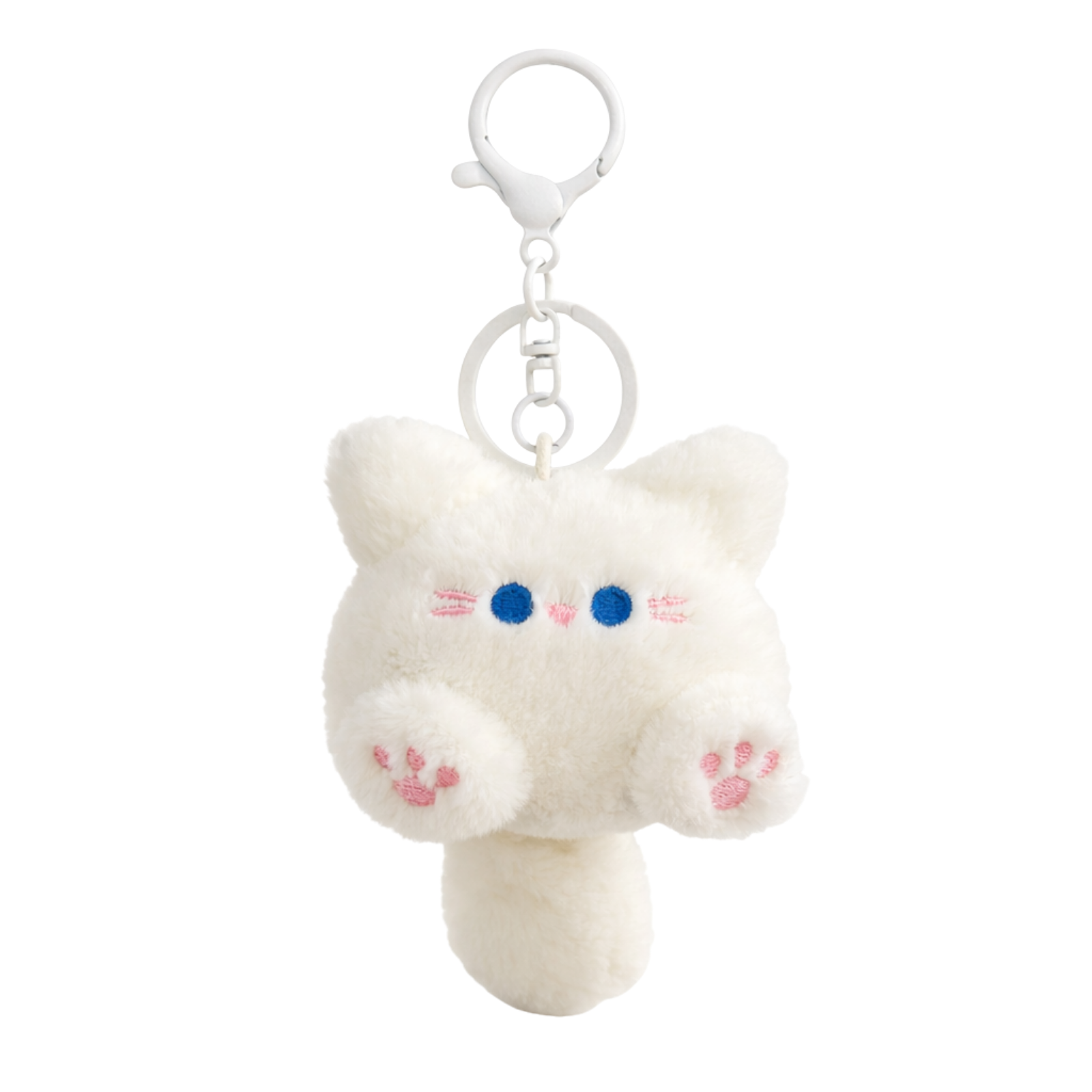 White Cat Plush Bag Charm with Blue Eyes, Pink Paws & Tail