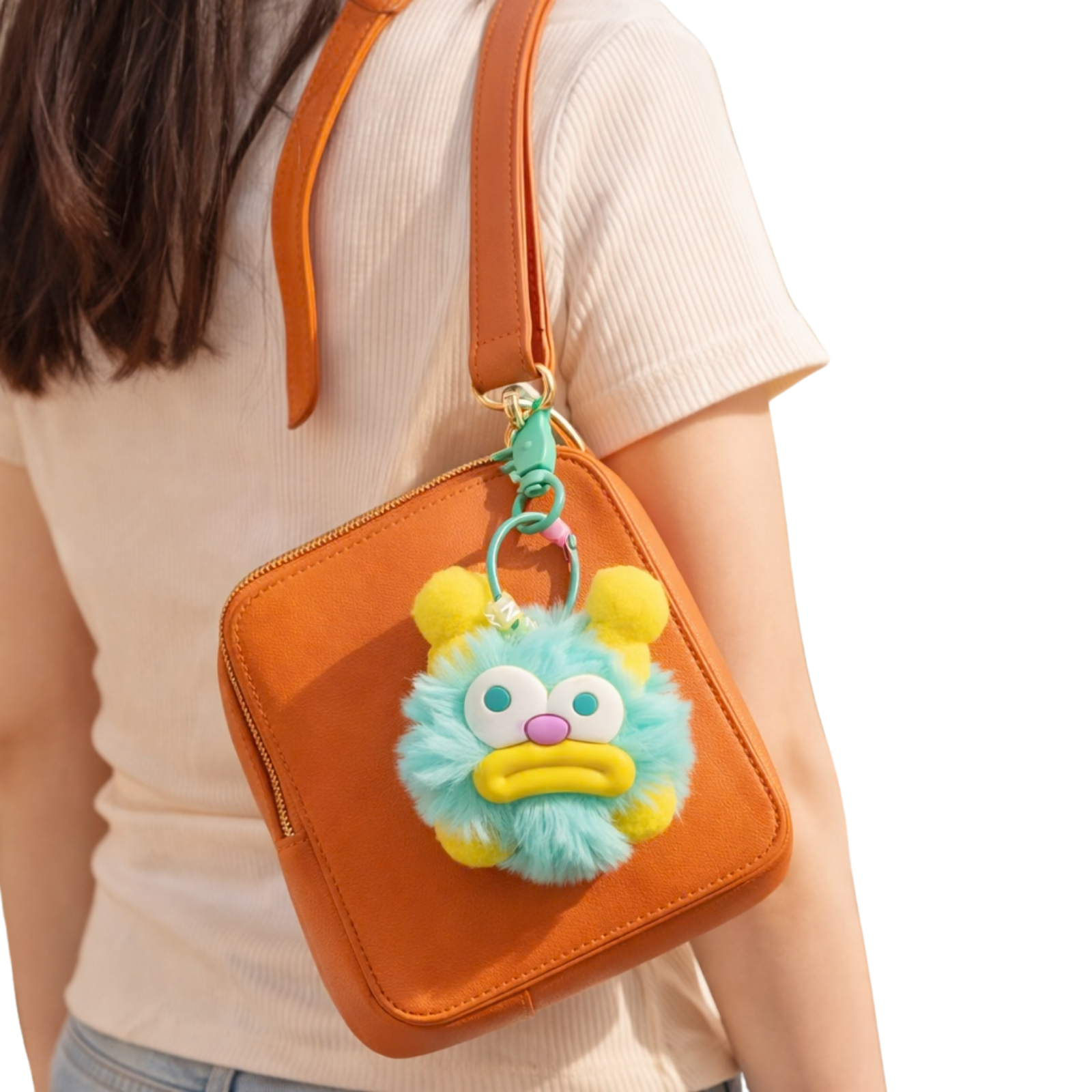Turquoise Fluffy Monster Keychain with Yellow Ears & Funky Face