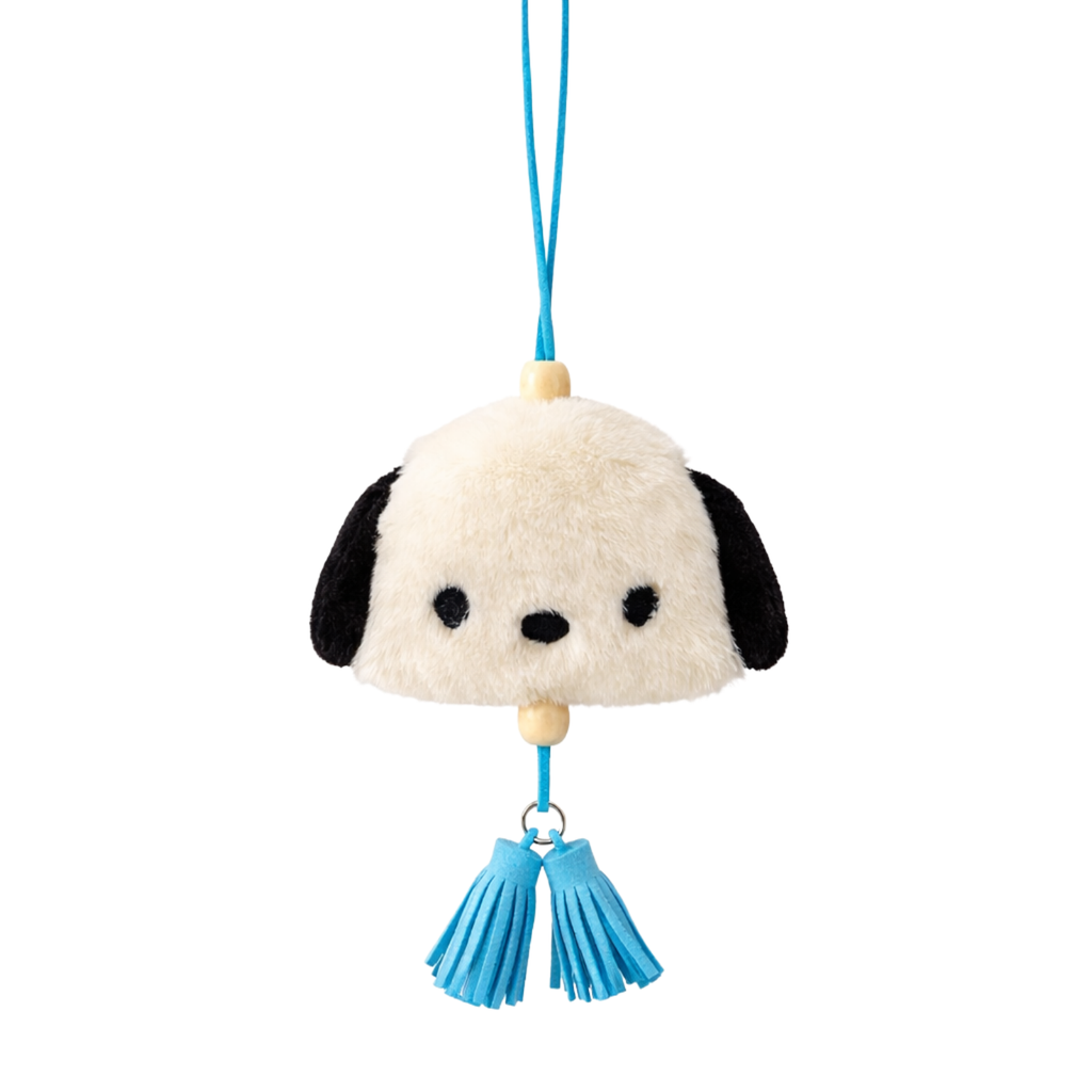 White Puppy Plush Bag Charm with Blue Strap & Tassels
