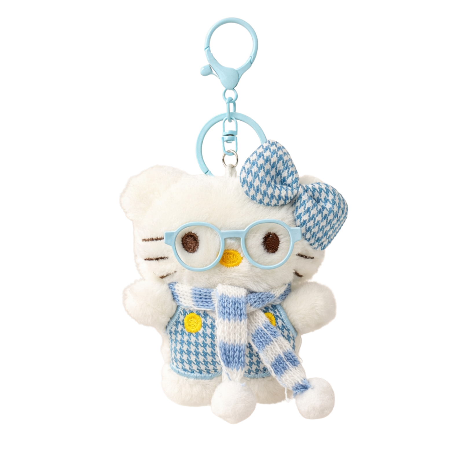 White Cat Plush Bag Charm with a Bow, Glasses & Scarf