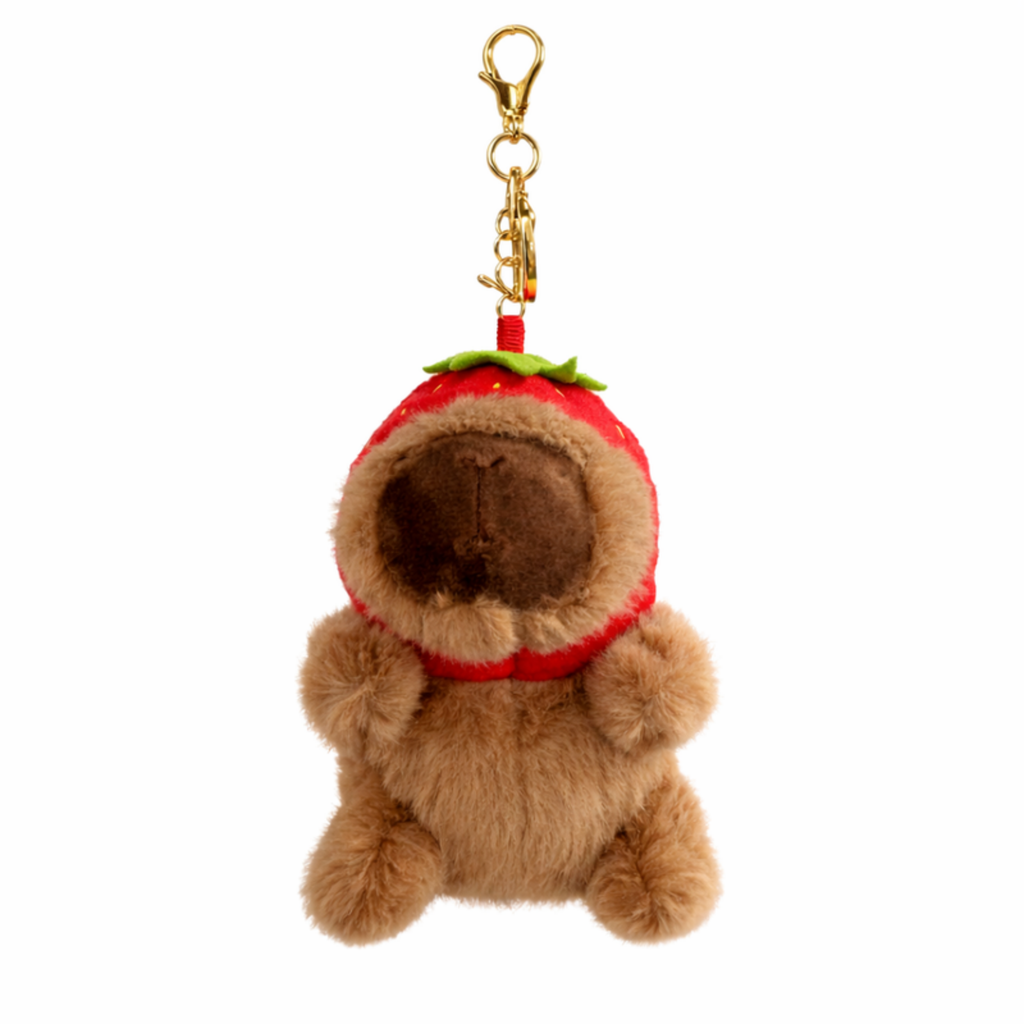 Brown Capybara Plush Bag Charm with Strawberry Hoodie
