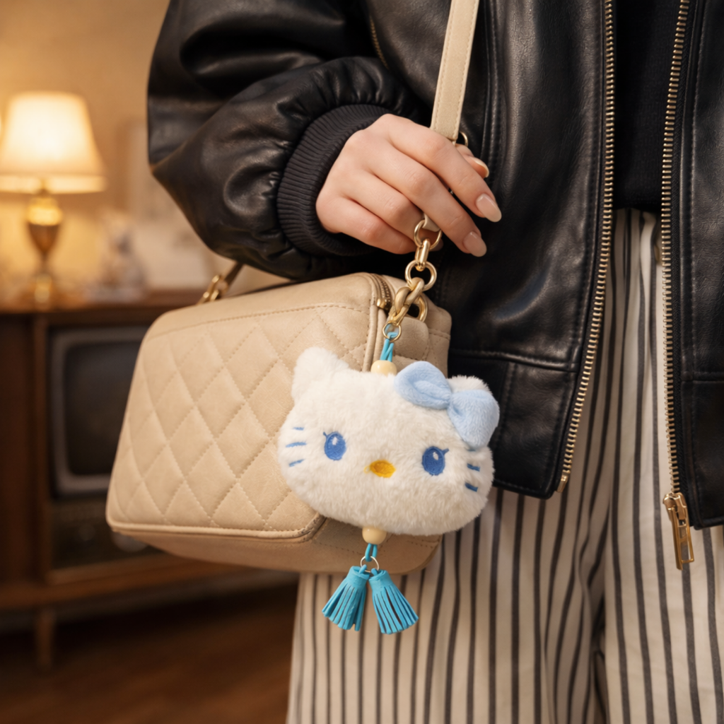White Kitty Plush Bag Charm with Blue Bow & Tassels