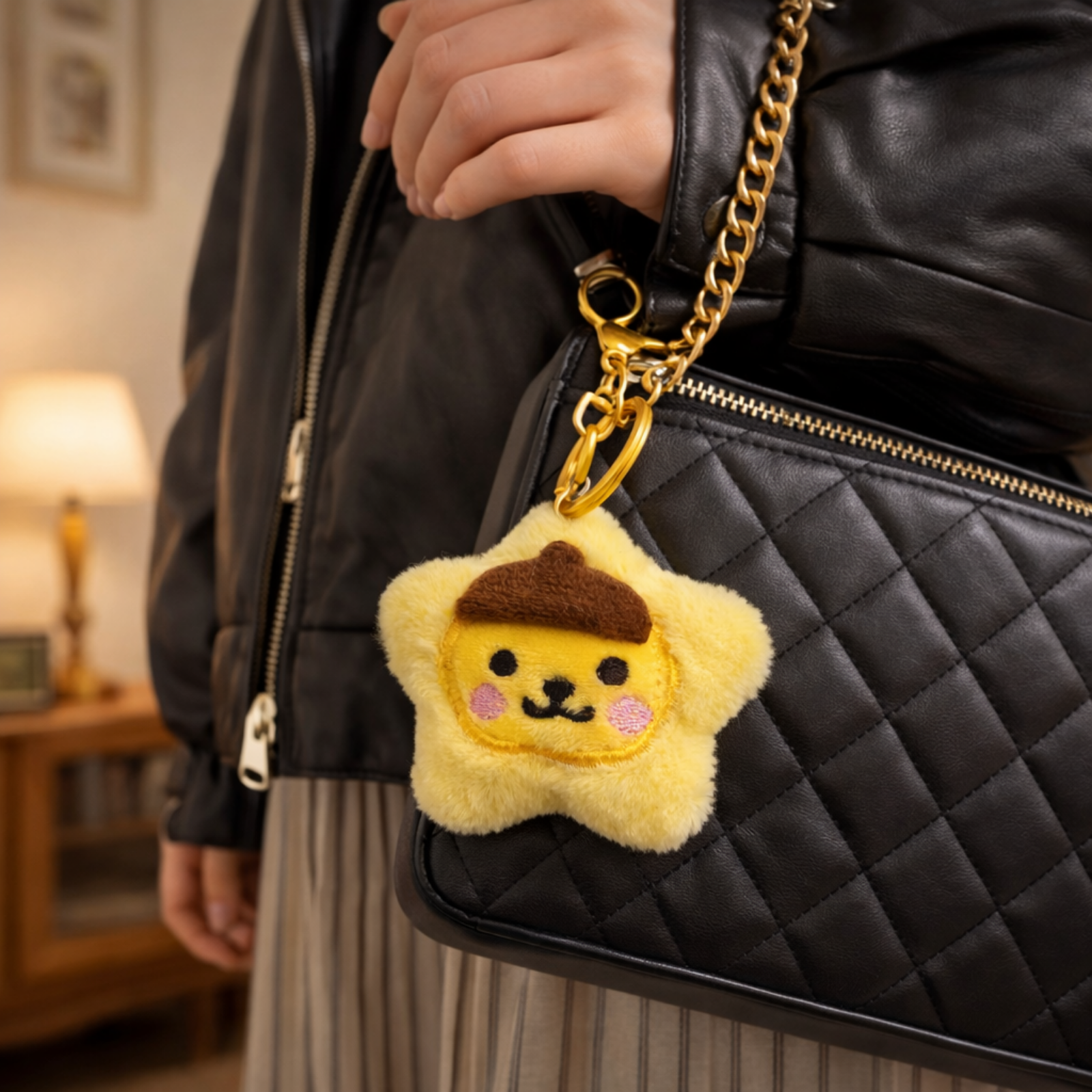 Yellow Star Plush Bag Charm with Brown Cap