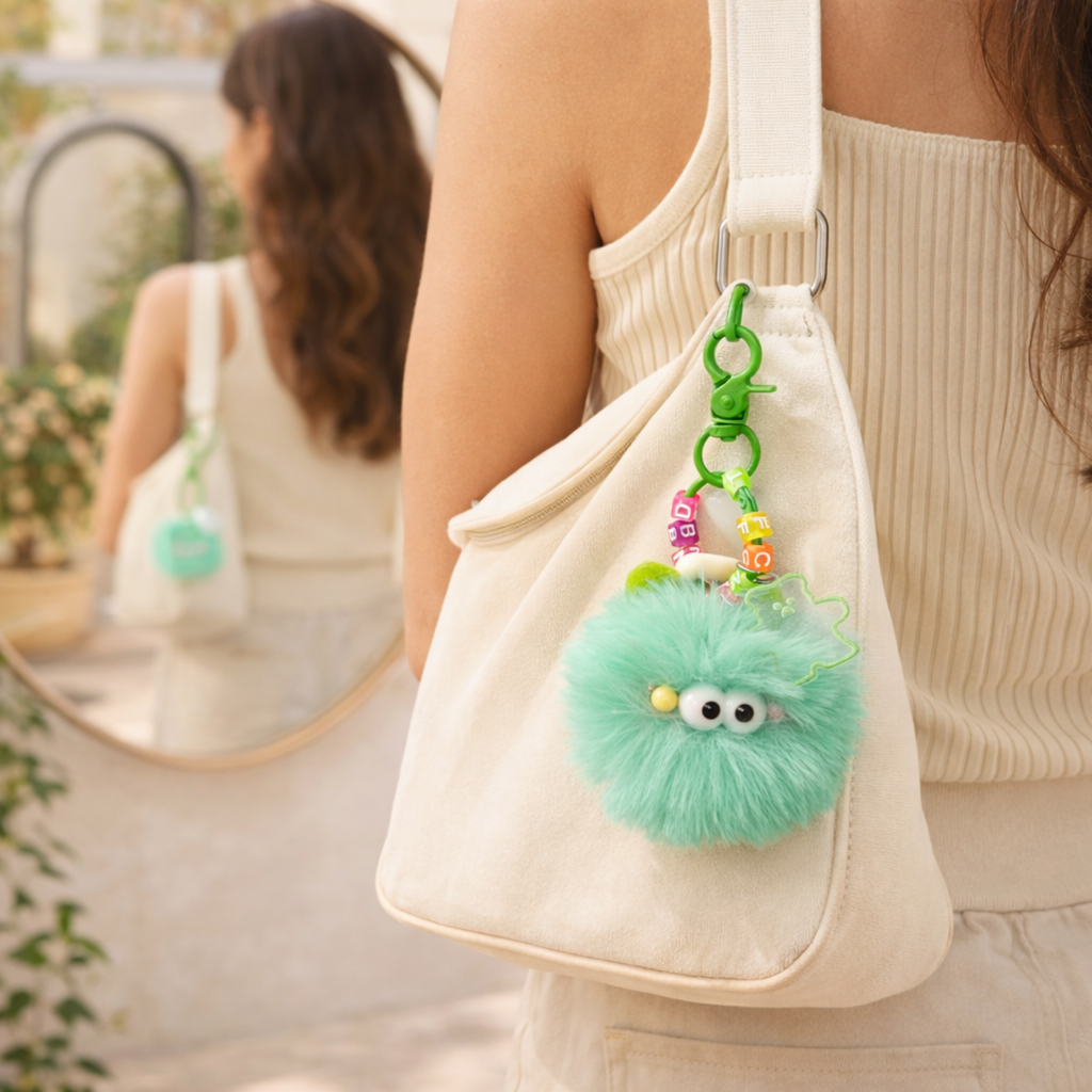 Mint Green Fluffy Pom Pom Keychain with Googly Eyes & Beaded Charm