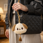 White Puppy Plush Bag Charm with Brown Strap & Tassels