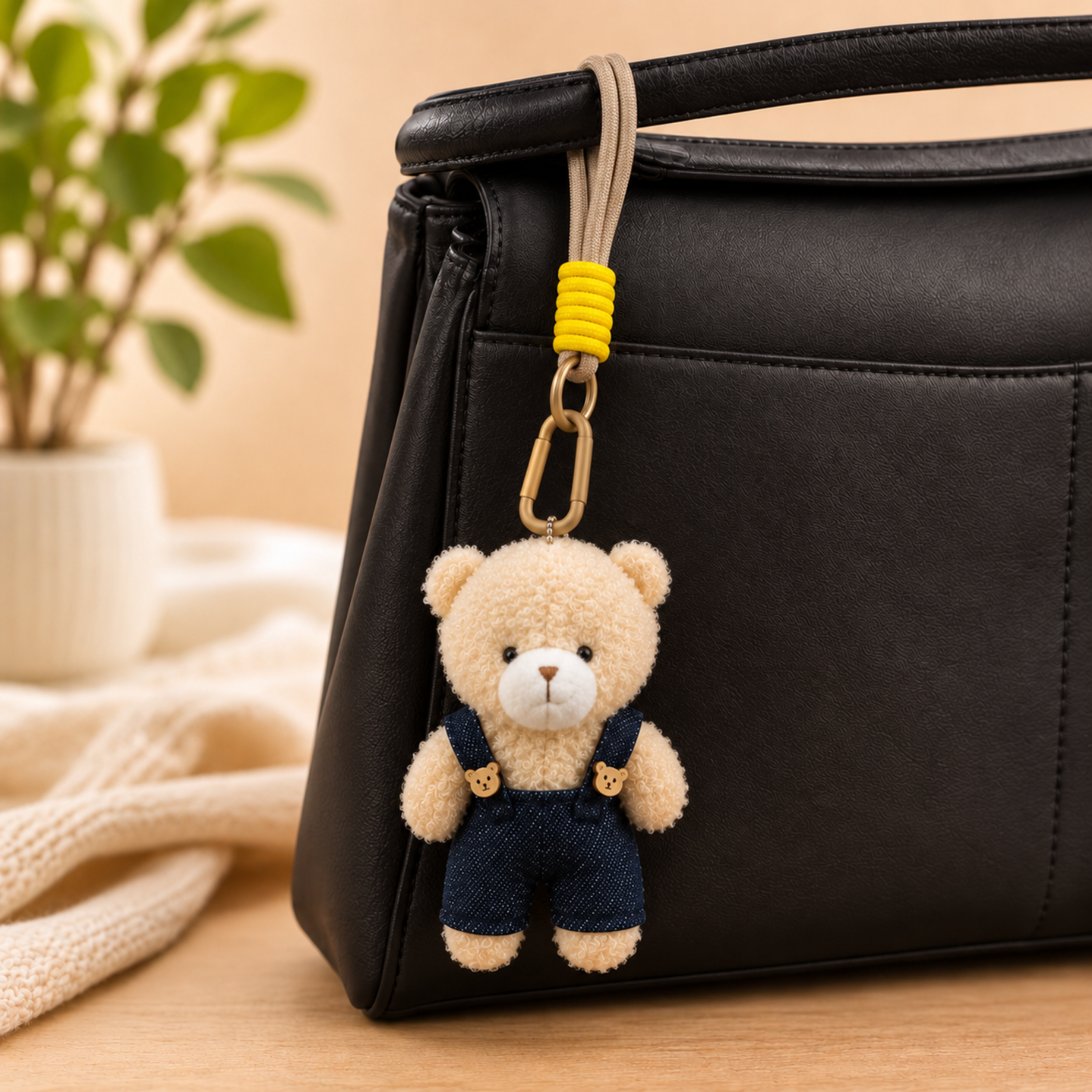 Beige Teddy Plush Keychain with Blue Overalls