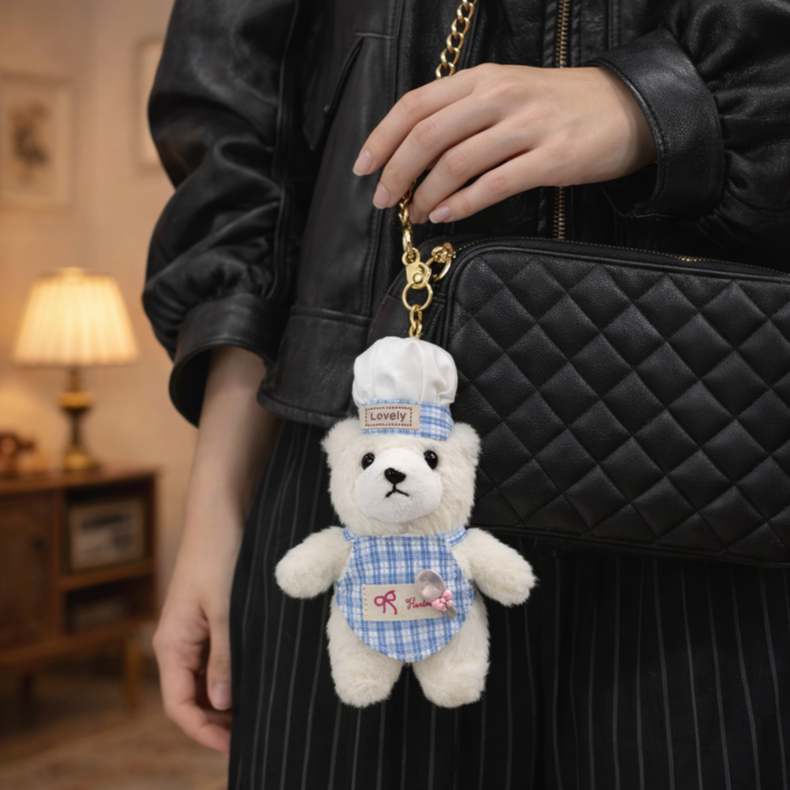 White Chef Teddy Plush Bag Charm with “Lovely” Hat & Check Apron