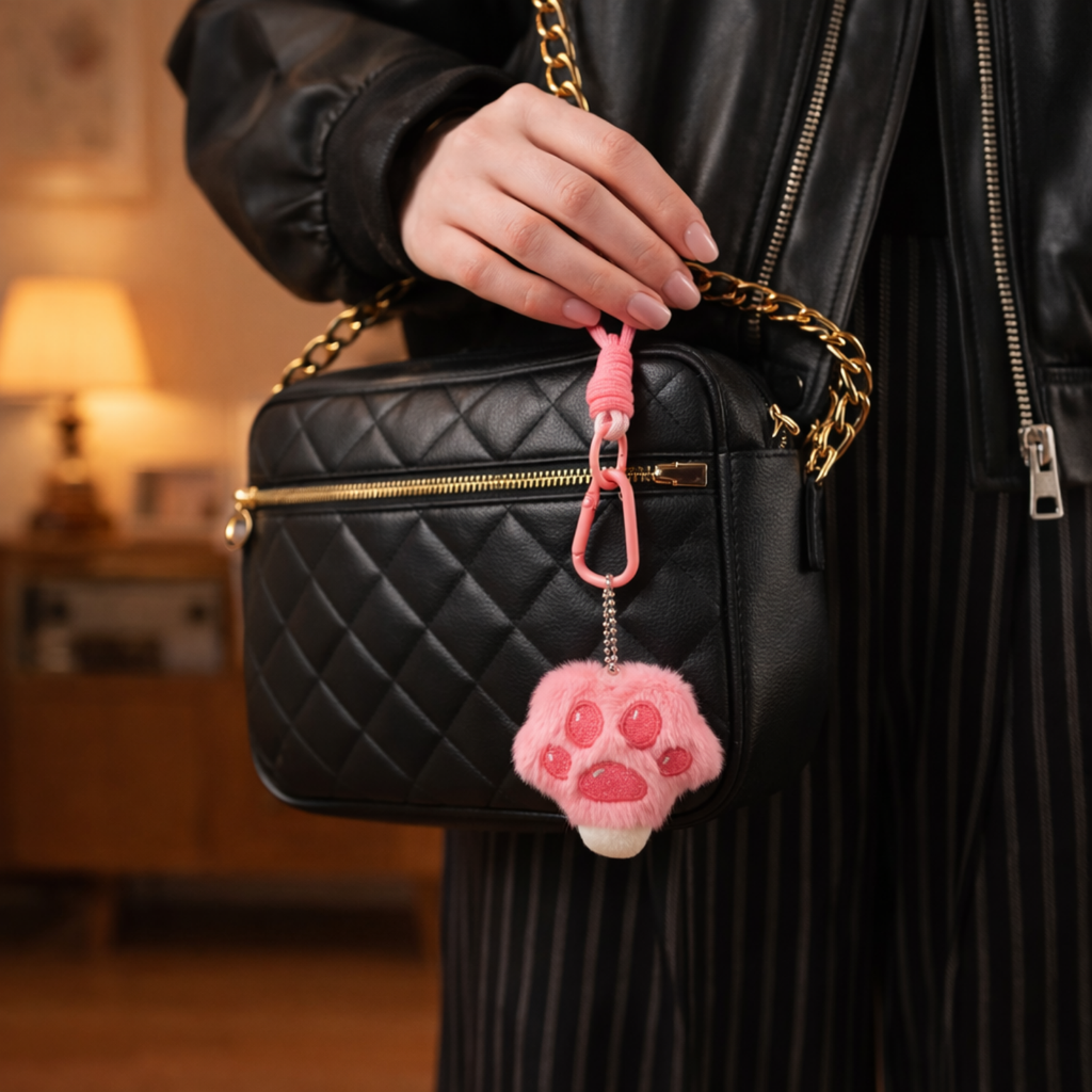 Pink Plush Paw Bag Charm with Embroidered Pads & Wrist Strap