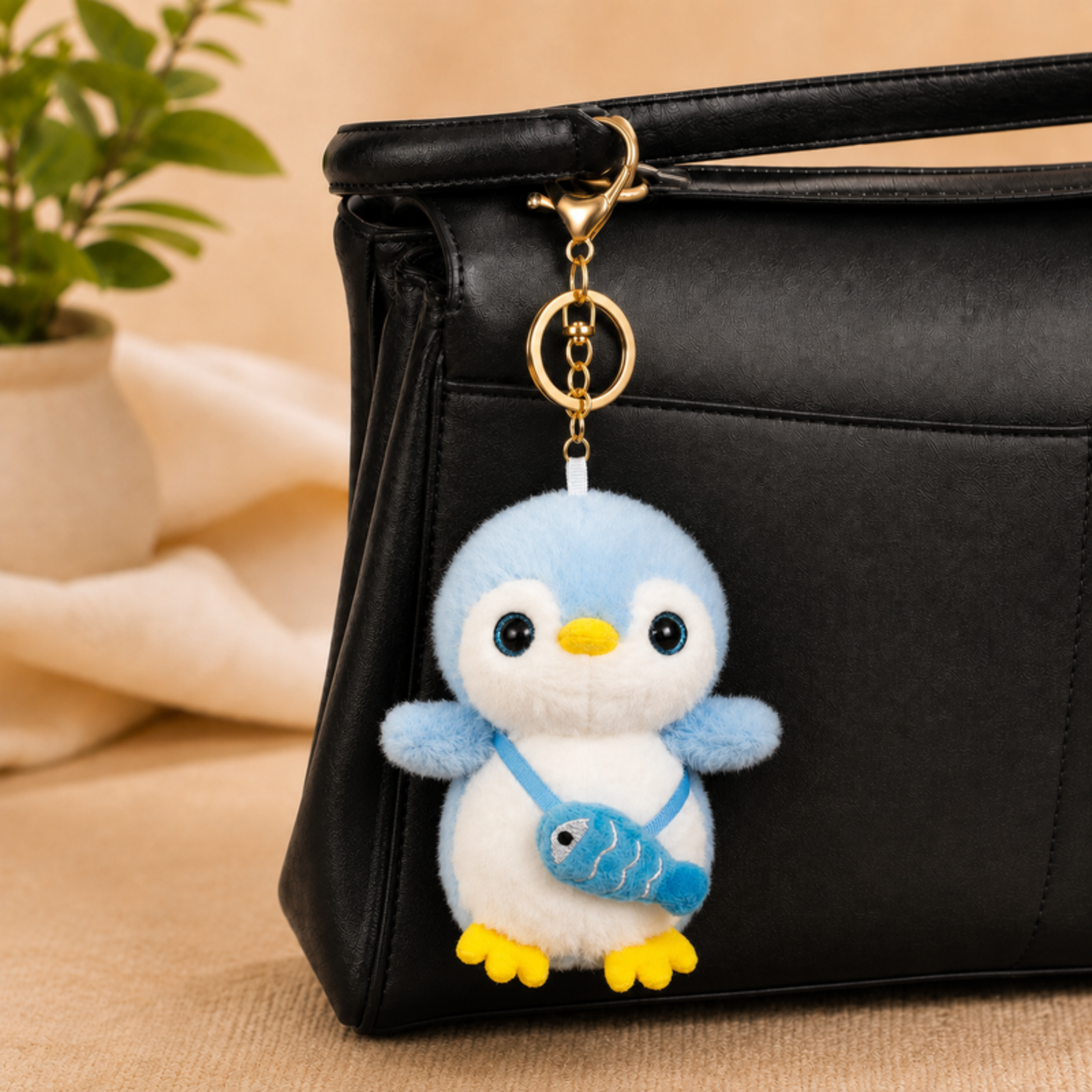 Blue Penguin Plush Bag Charm with Blue Fish Pouch