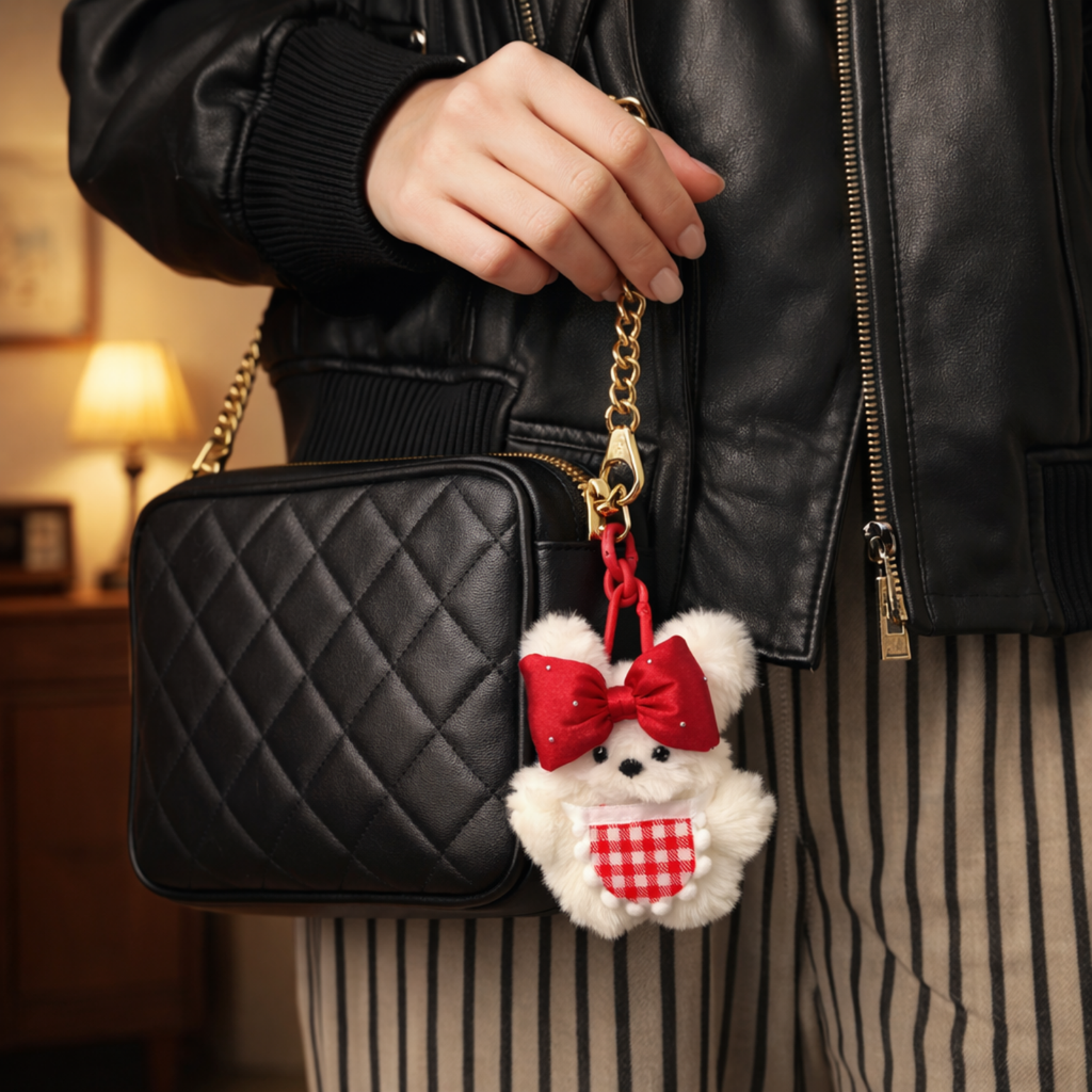 White Teddy Plush Bag Charm with Bow & Checkered Apron