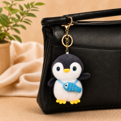 Black Penguin Plush Bag Charm with Blue Fish Pouch