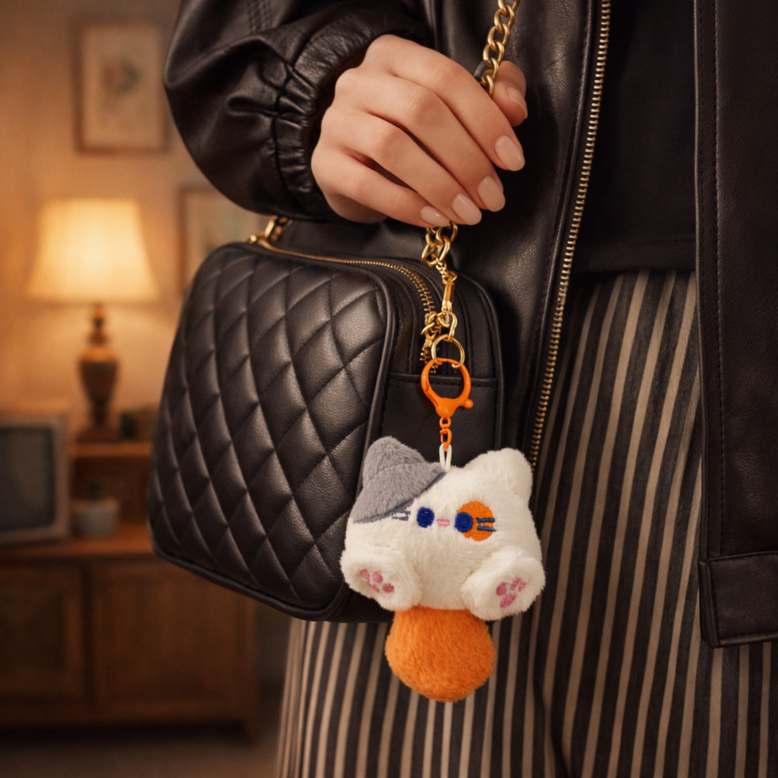 White Cat Plush Bag Charm with Grey Beret & Orange Patch