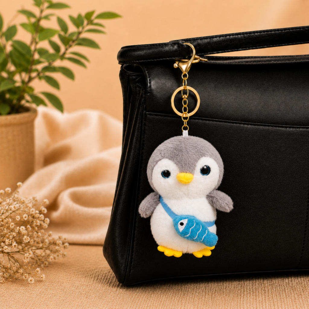 Grey Penguin Plush Bag Charm with Blue Fish Pouch