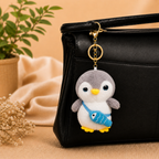 Grey Penguin Plush Bag Charm with Blue Fish Pouch