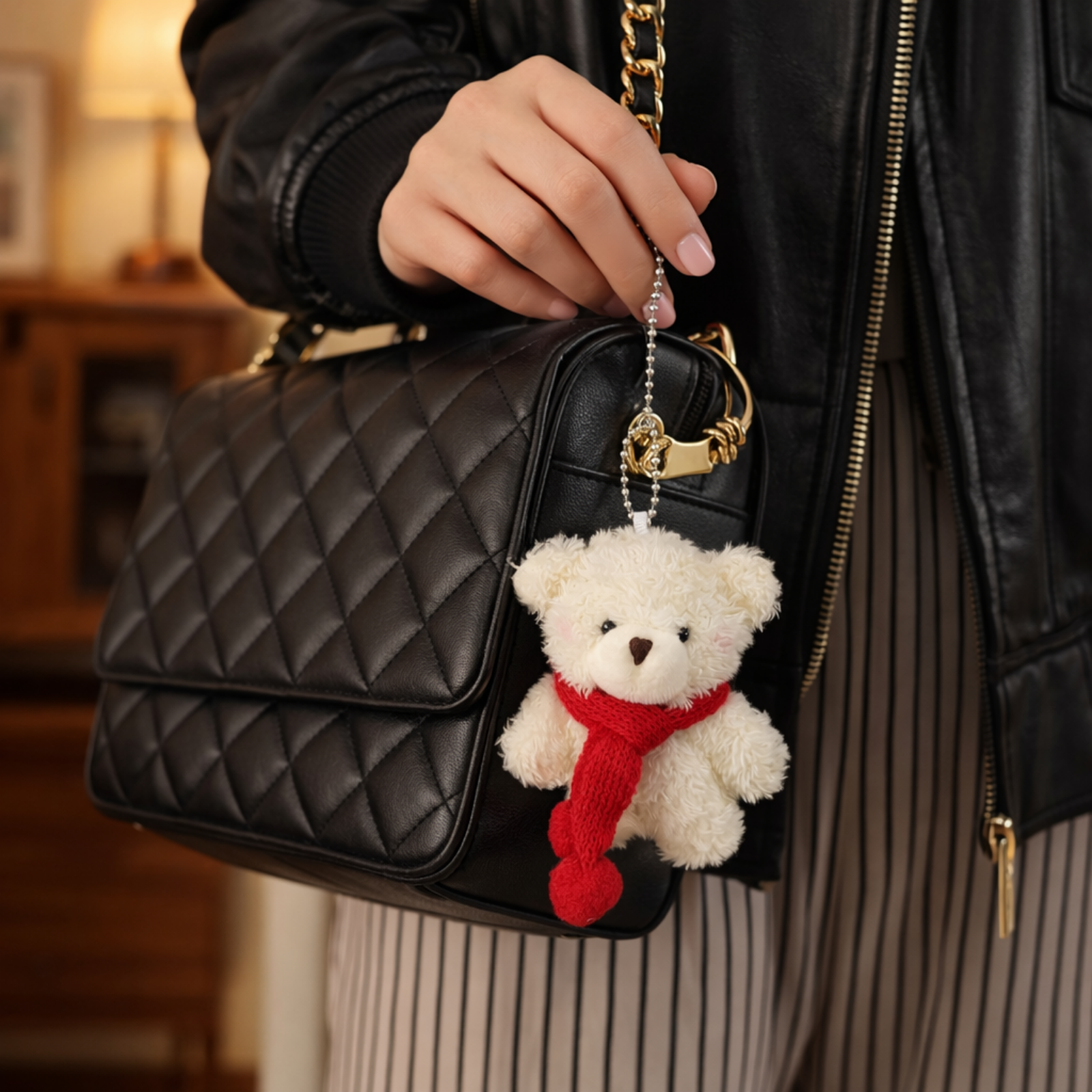 Teddy Plush Bag Charm with Knitted Scarf & Chain