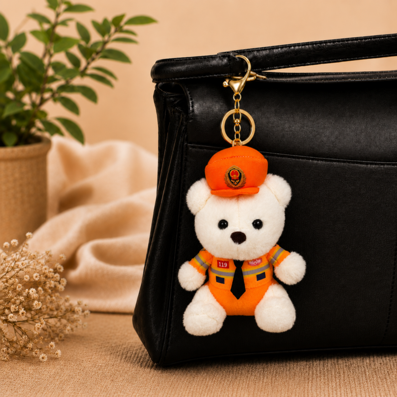 White Safety Teddy Plush Bag Charm with Orange Uniform