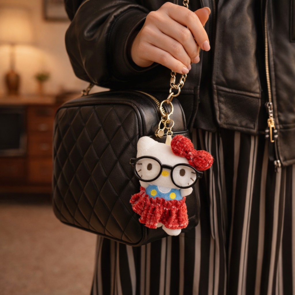 White Cat Plush Bag Charm with Glasses, Bow & Dress