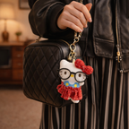 White Cat Plush Bag Charm with Glasses, Bow & Dress