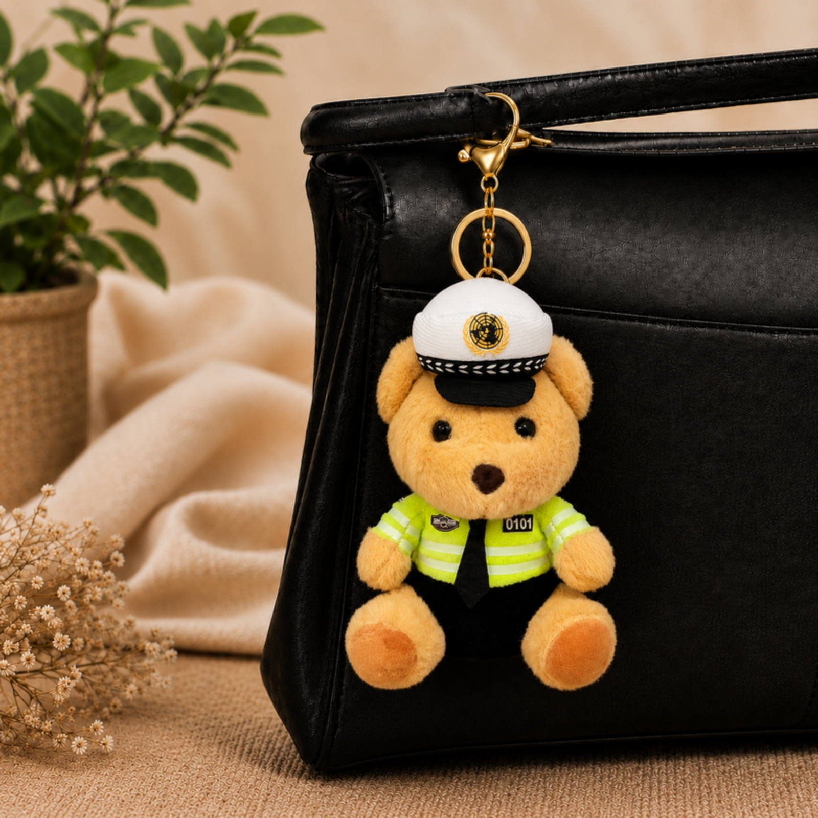 Brown Traffic Teddy Plush Bag Charm with Green Uniform