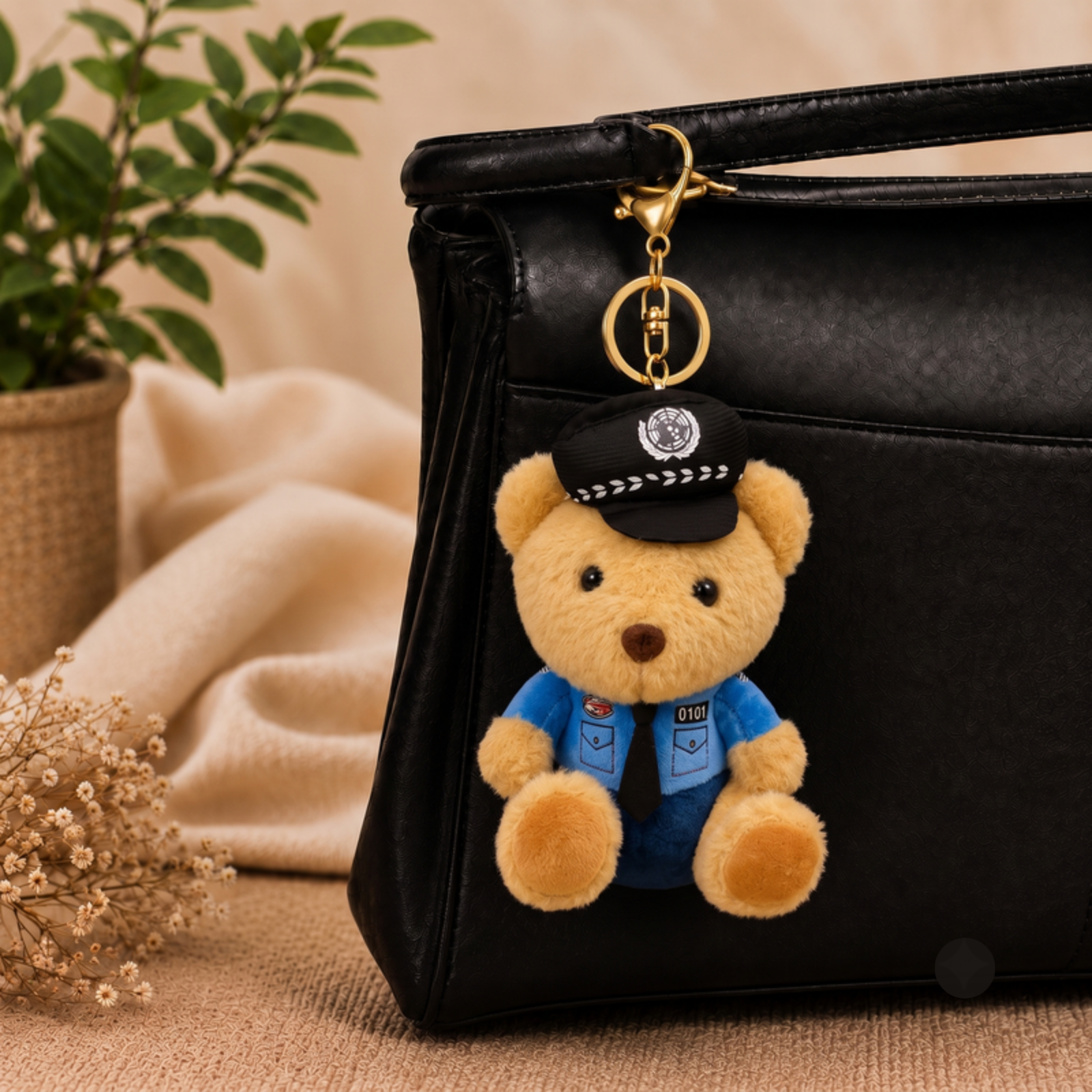 Brown Police Teddy Plush Bag Charm with Blue Uniform