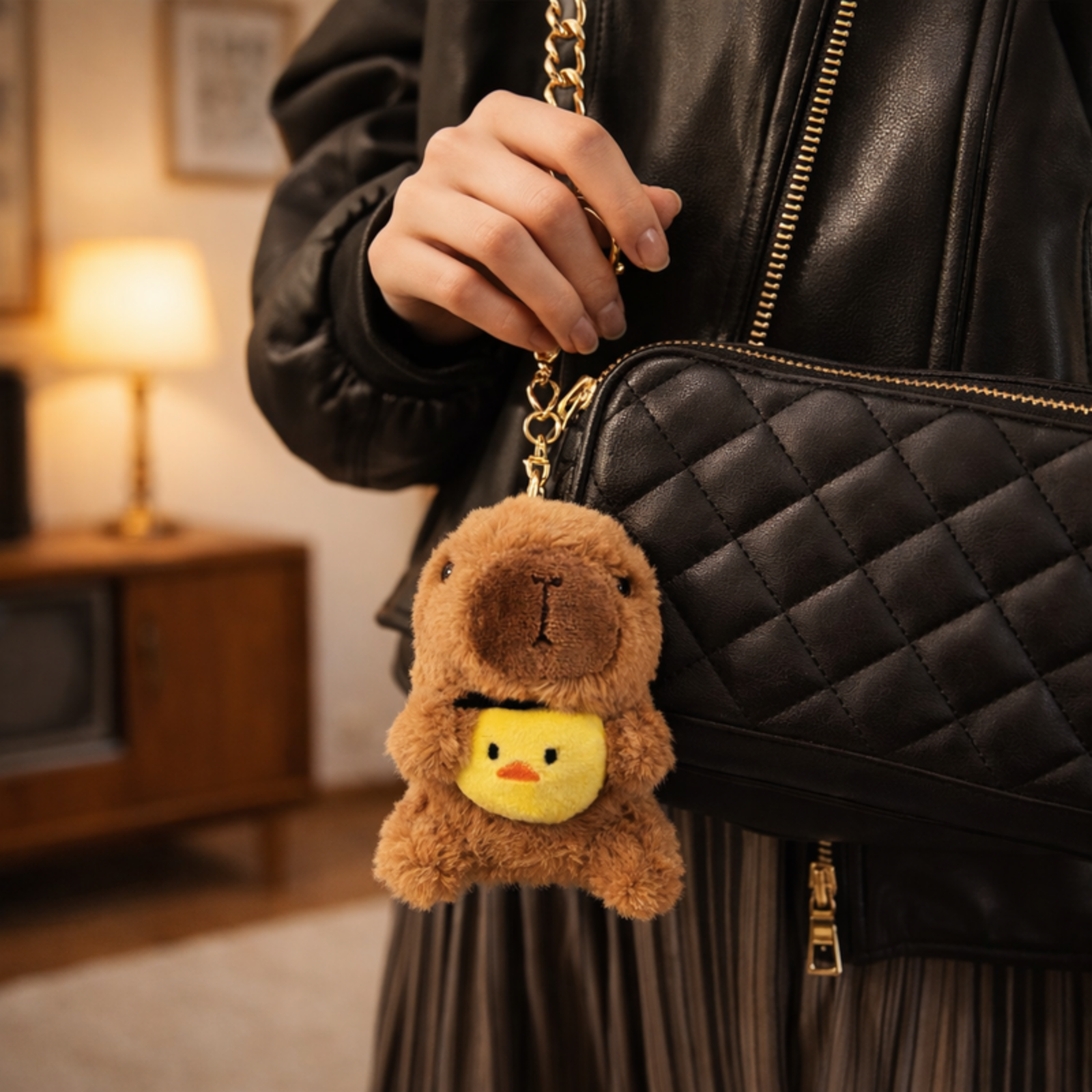 Brown Capybara Plush Bag Charm with Yellow Chick Pouch