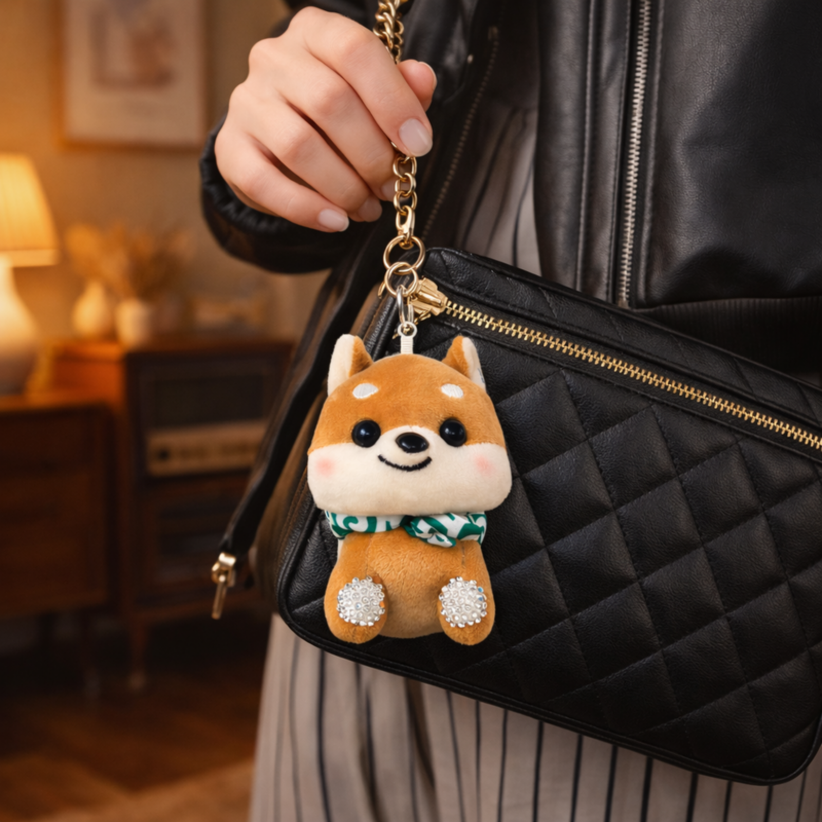 Brown Shiba Inu Plush Bag Charm with Crystal Paw & Scarf