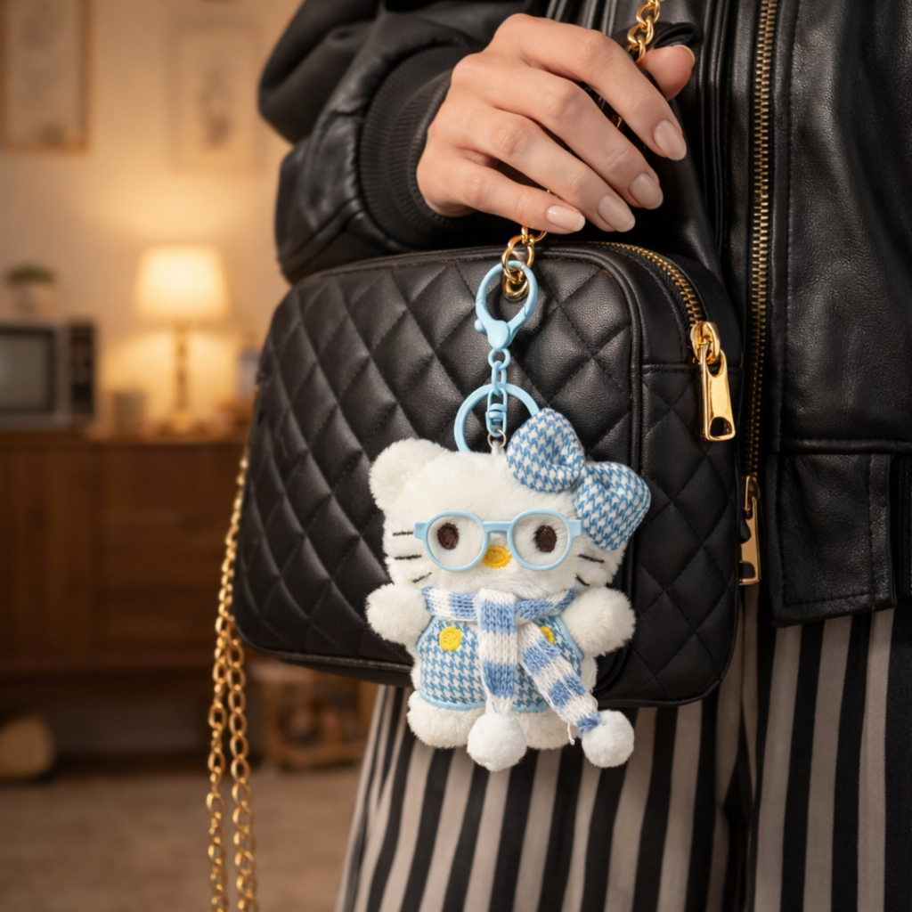 White Cat Plush Bag Charm with a Bow, Glasses & Scarf