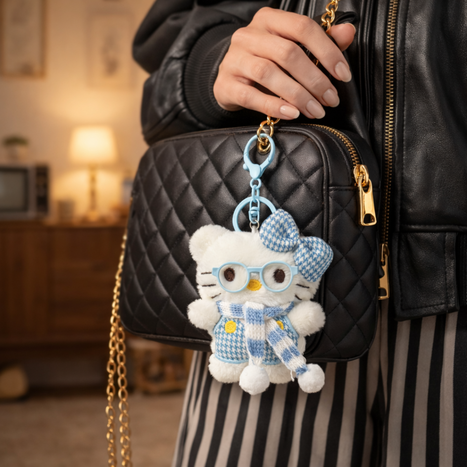 White Cat Plush Bag Charm with a Bow, Glasses & Scarf