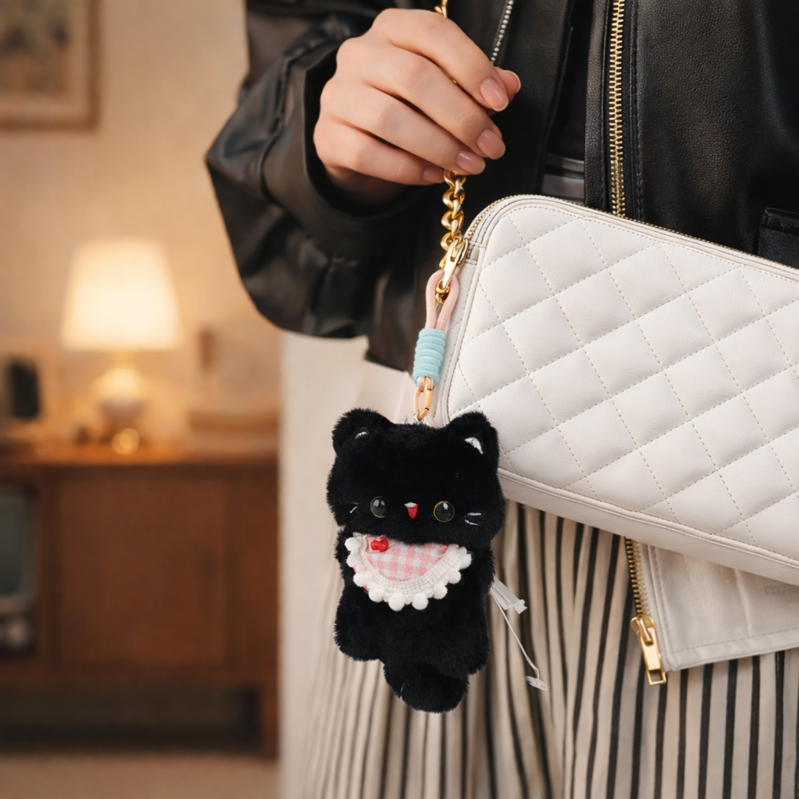 Black Cat Plush Bag Charm with Pink Bib & Red Nose