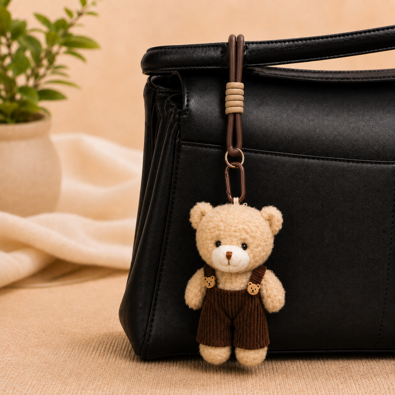 Beige Teddy Plush Keychain with Brown Overalls