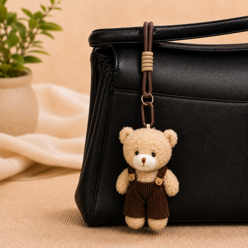 Beige Teddy Plush Keychain with Brown Overalls