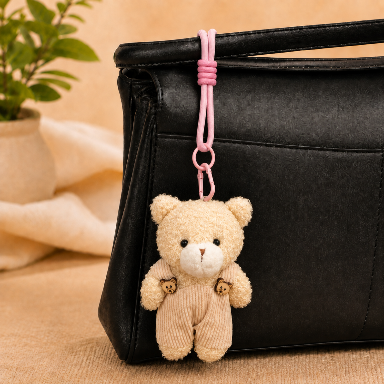 Beige Teddy Plush Keychain with Skin Overalls
