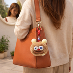 Brown Fluffy Plush Monster Keychain with Yellow Ears & Red Nose