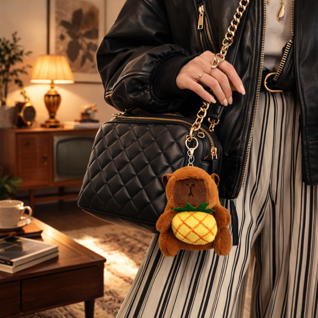 Brown Capybara Plush Bag Charm with Pineapple