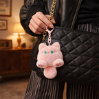 Pink Cat Plush Bag Charm with Green Eyes & Tail